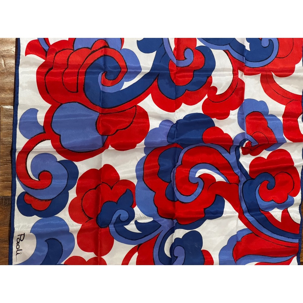 Paoli Scarf Womens OS Red Blue White Good Vintage Mod Acetate Square 26x26.5 - Picture 5 of 5
